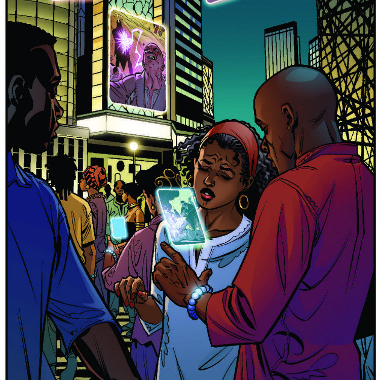 A scene from Marvel's Black Panther, depicting people using the kimoyo bead technology, the design of which was influenced by African culture.